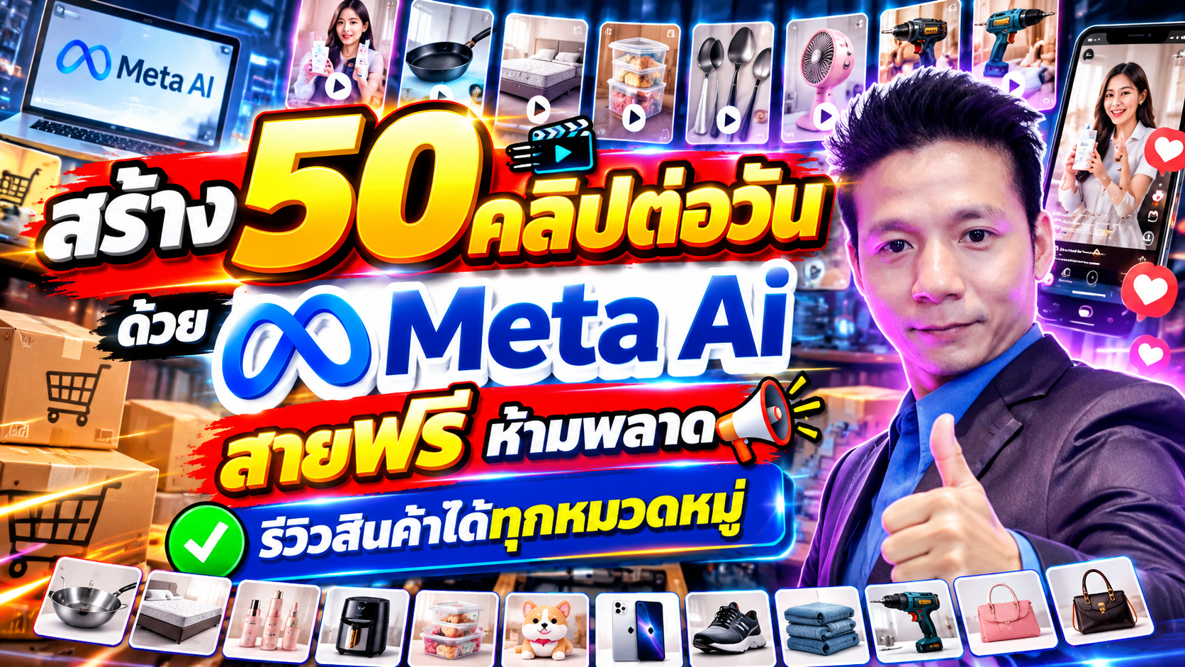 สอนใช้ AI สร้างวีดีโอ 50 คลิปต่อวัน Meta Ai สายฟรี